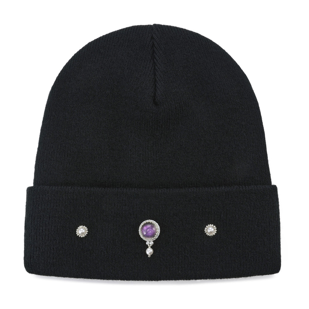 Hand-Set Purple Jeweled Black Beanie
