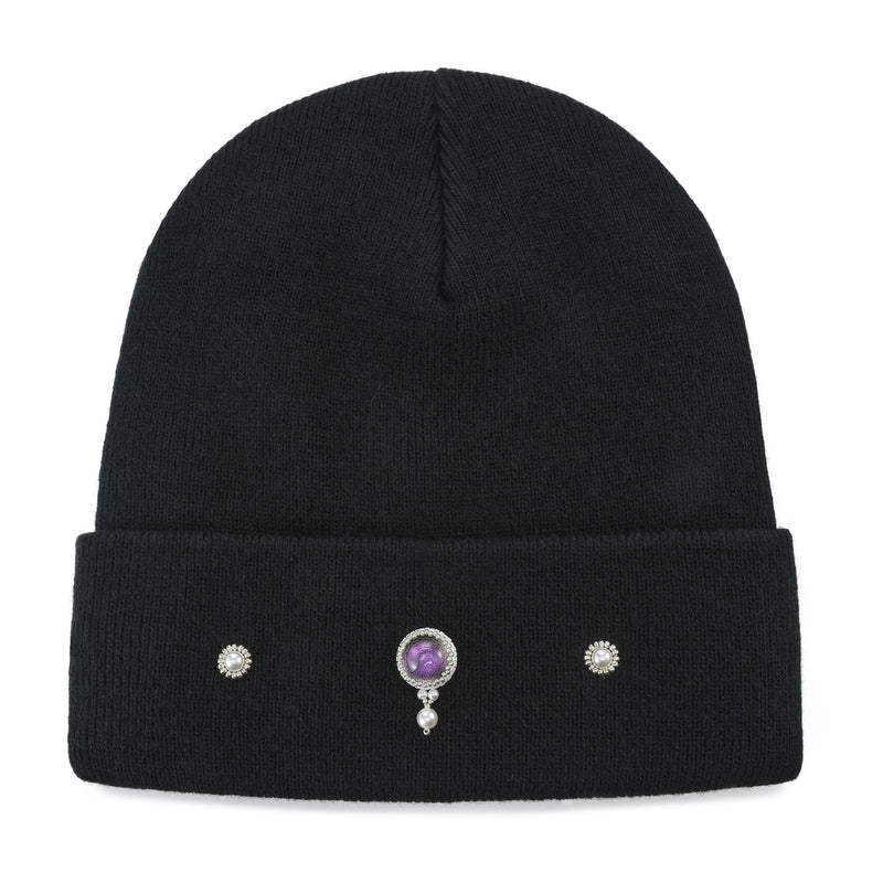 Hand-Set Purple Jeweled Black Beanie