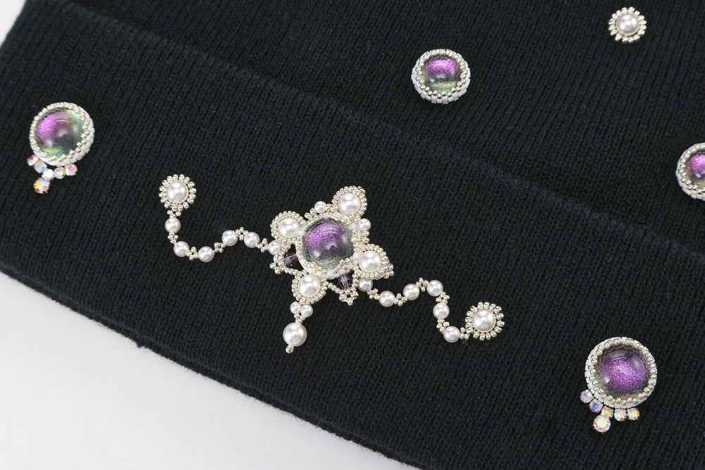 Hand-Set Purple Jeweled Black Beanie