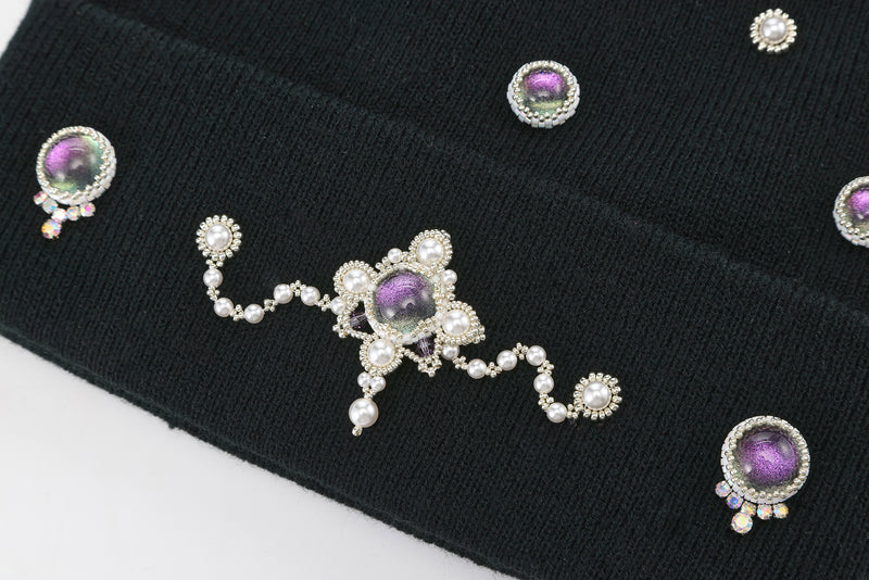 Hand-Set Purple Jeweled Black Beanie