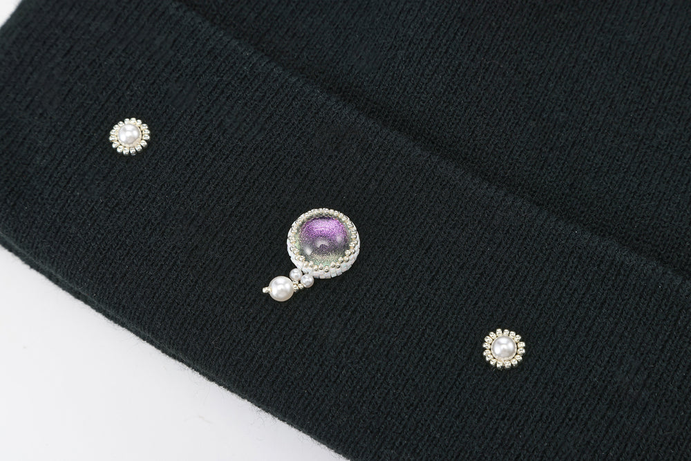 Hand-Set Purple Jeweled Black Beanie