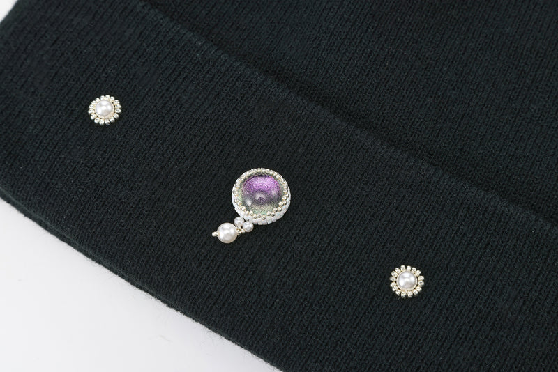 Hand-Set Purple Jeweled Black Beanie