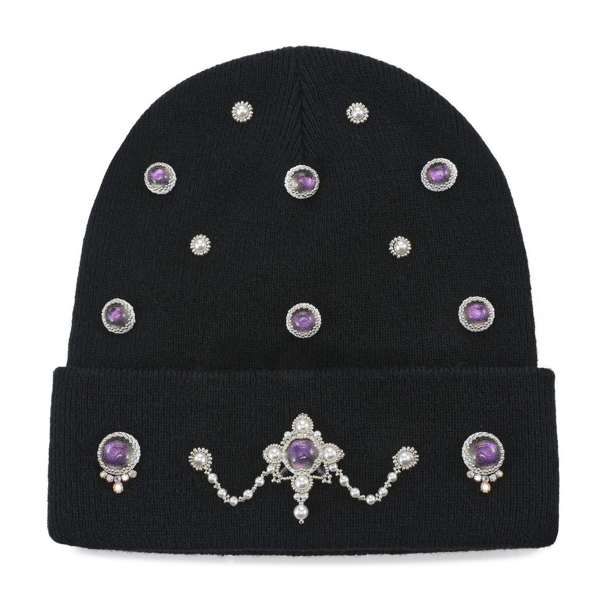 Hand-Set Purple Jeweled Black Beanie